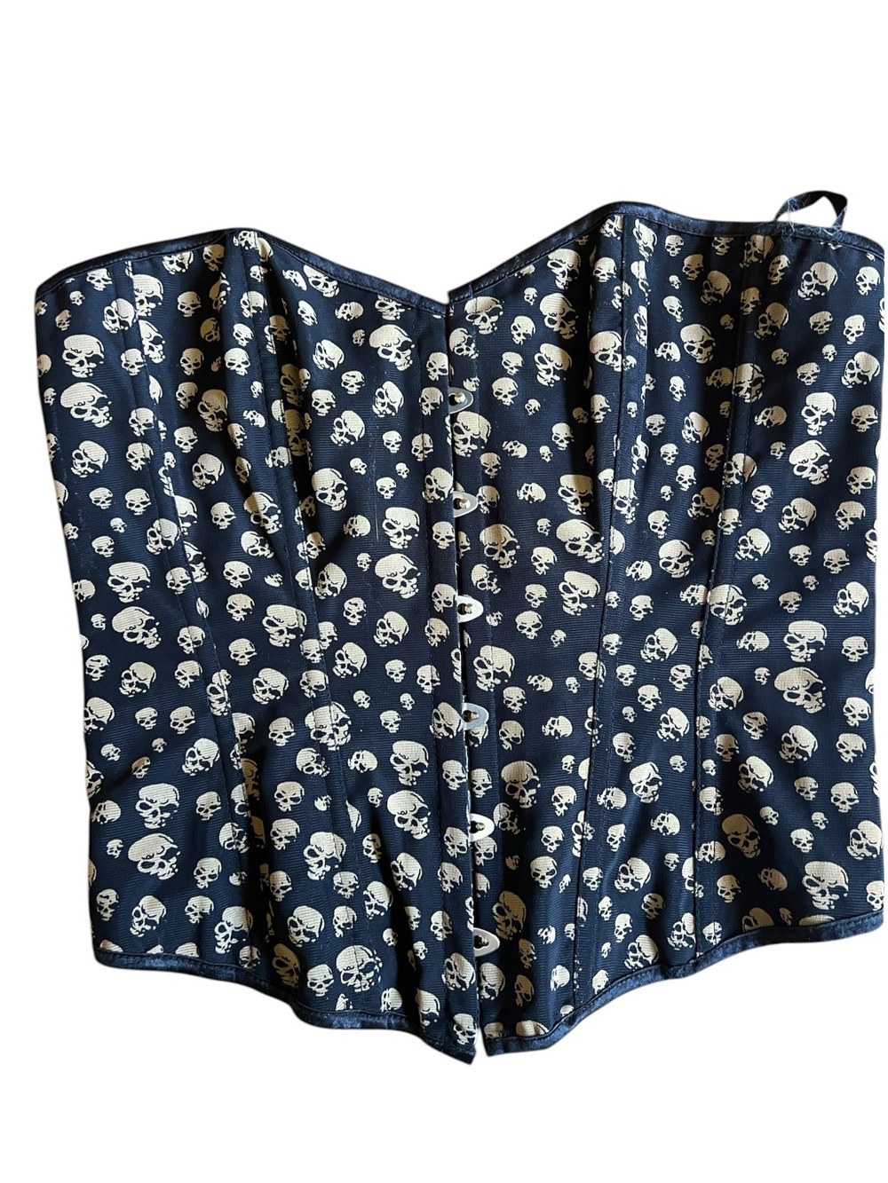 Skull Print Black Corset Top Lace up back, Hook front Closure EUC
